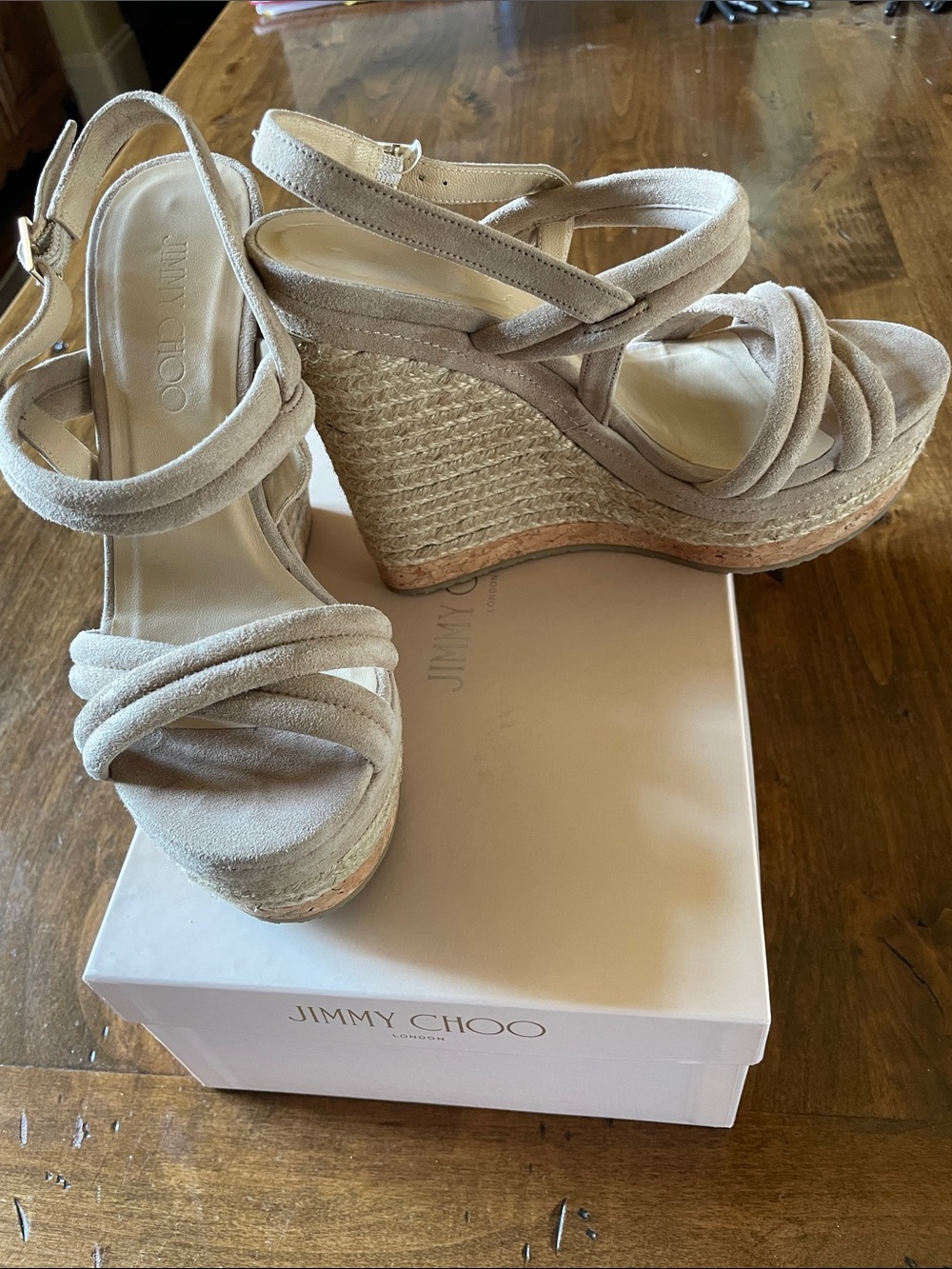 JIMMY CHOO Tan Nomad Nadym Suede Espadrille Platform Sandal 37